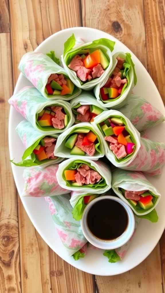 Fresh and Flavorful Tuna Rice Paper Rolls Recipe Fresh tuna rice paper rolls filled with vegetables and avocado, served with soy sauce on a rustic table.